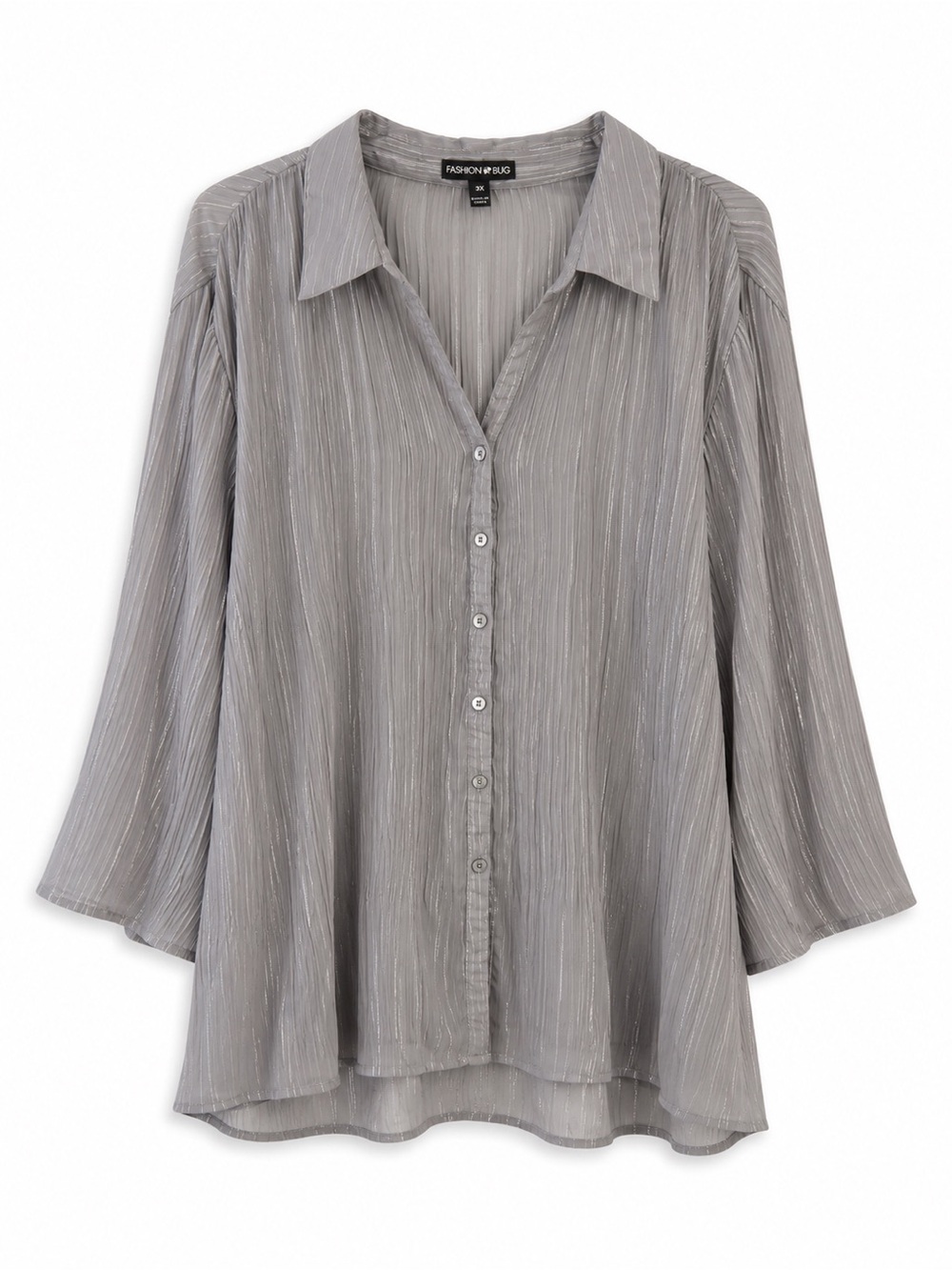 Fashion Bug Women's Gray Shimmer Pleated Button Down Blouse Plus Size 3X